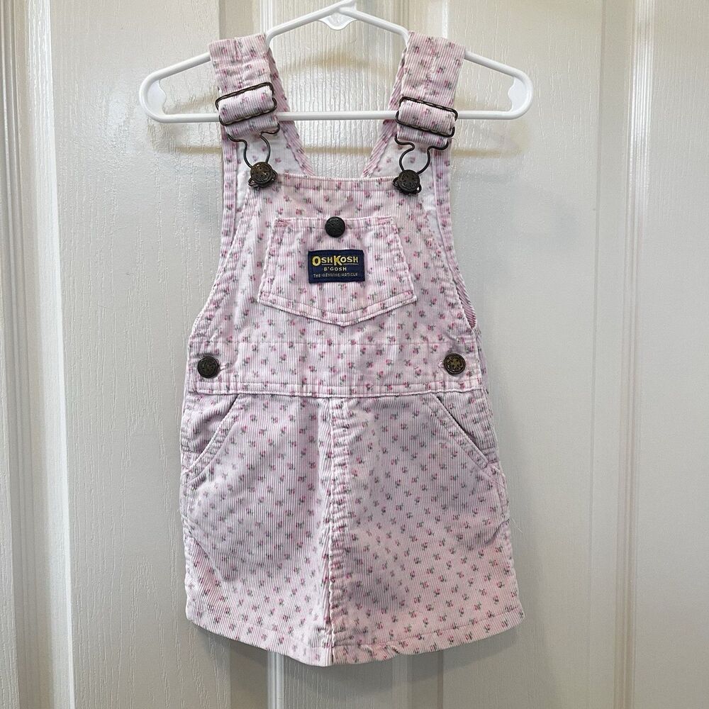 Vintage Oshkosh B'gosh Pink Rosebuds Corduroy Overall Dress Jumper Girls